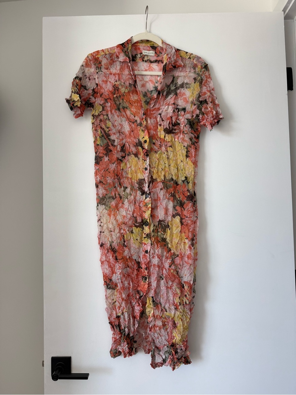 Dries Van Noten Floral Crinkle Button-Front Midi Dress